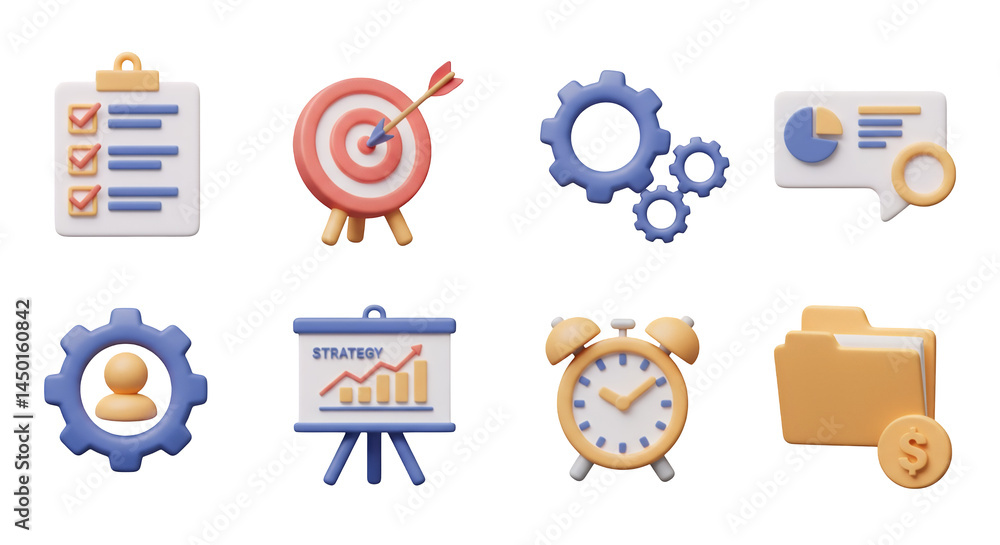 Poster business management icons set in 3d rendering with gear target and clipboard on black background