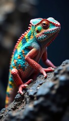 Obraz premium Vibrant chameleon, scales shimmer, rock camouflage, texture, wildlife