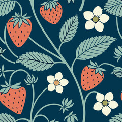 Vibrant strawberry and flower pattern on a dark background showcasing nature's beauty and elegance in design Generative AI