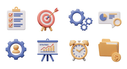 Business Management Icons Set in 3D Rendering with Gear Target and Clipboard on Black Background