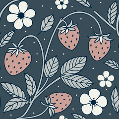 Intricate floral and strawberry pattern design on a dark background for fabric or wallpaper Generative AI