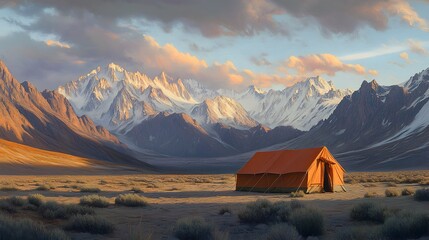 A lone orange tent sits in a vast, desolate mountain valley at sunset, surrounded by majestic snow-capped peaks under a dramatic sky.