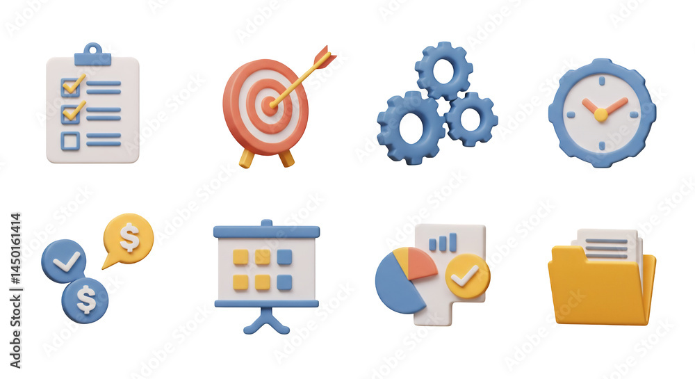 Fototapete 3d rendering of business icon set featuring clipboard target gear clock money presentation chart and