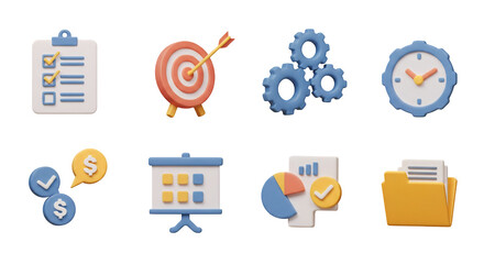3D Rendering of Business Icon Set Featuring Clipboard Target Gear Clock Money Presentation Chart and Folder on Transparent Background