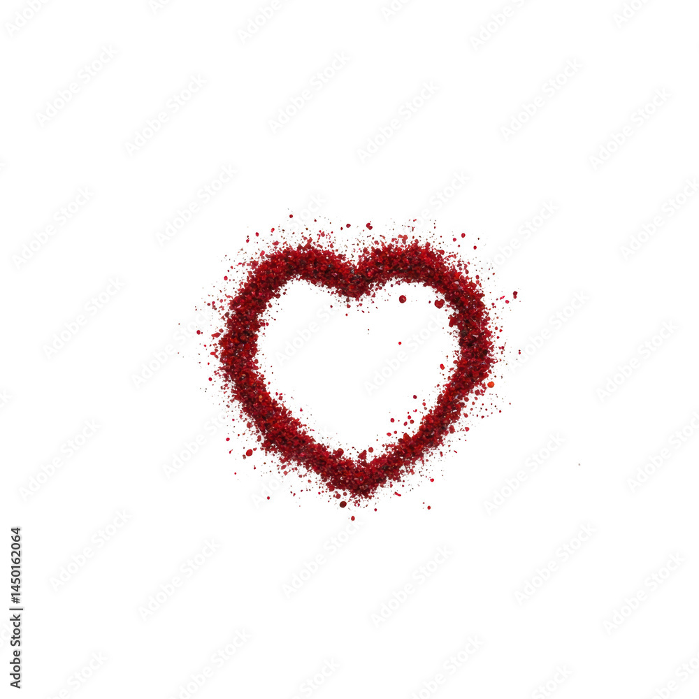 Poster red heart shape made of scattered particles on transparency background creates romantic and artistic