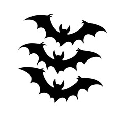 Silhouettes of three bats in flight against plain background, showcasing their distinct wing shapes and nocturnal nature. image evokes sense of mystery and Halloween ambiance