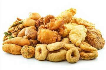 Assorted crispy fried snacks piled high on a white background, perfect for sharing at parties