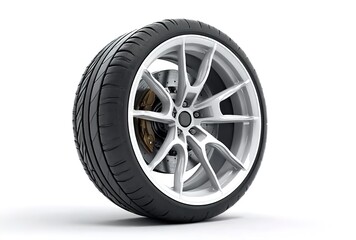 Obraz premium A single car wheel with a black tire and a silver alloy rim, multi-spoke design, red brake calipers visible, white background.