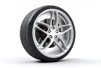 Obraz premium A single car wheel with a black tire and a silver alloy rim, multi-spoke design, red brake calipers visible, white background.