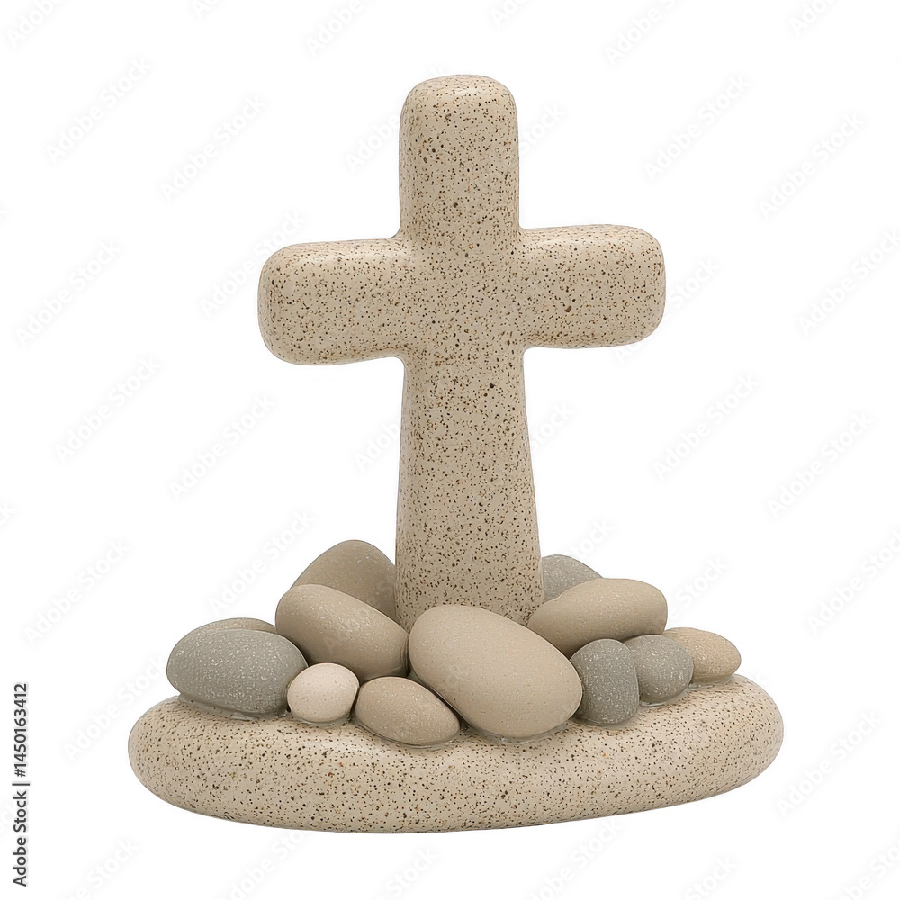 Poster stone cross stands on base surrounded by smooth pebbles, creating serene and contemplative atmospher