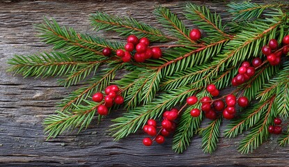 Vibrant red berries with green pine branches on rustic wooden background.