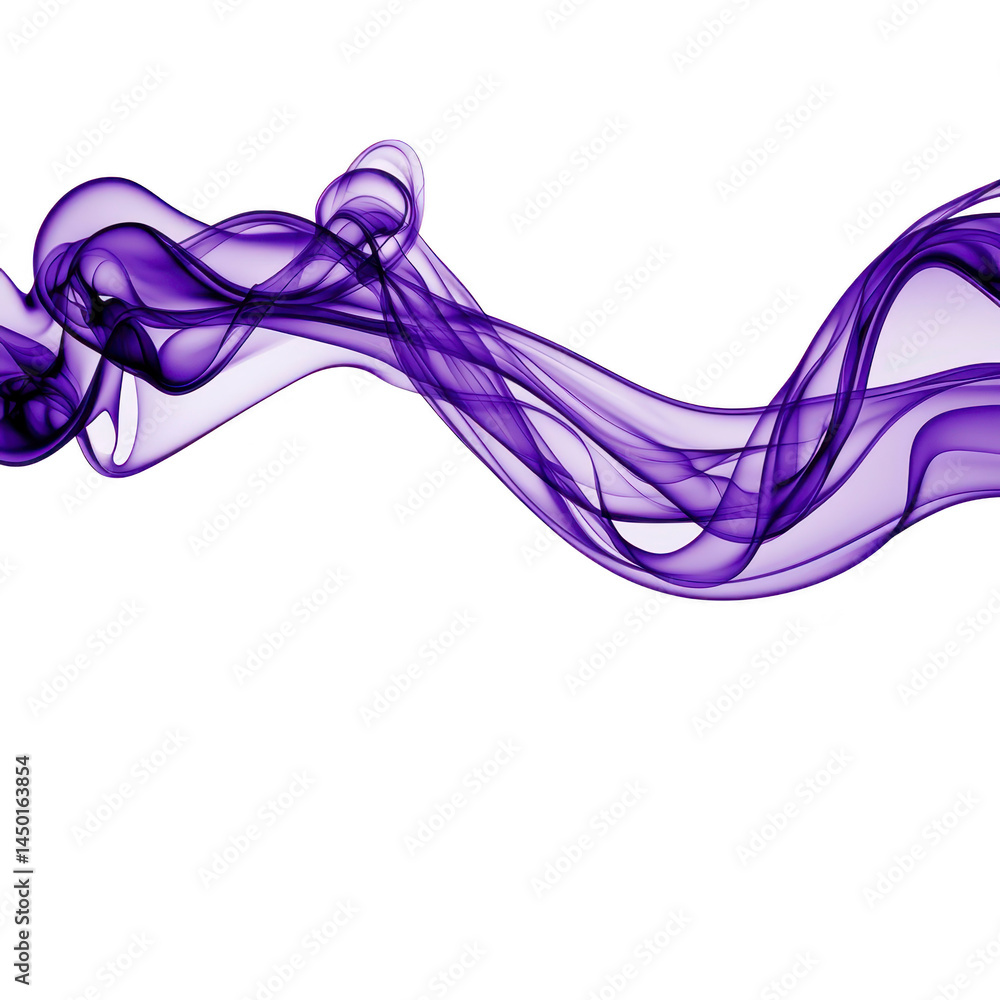 Poster flowing, abstract purple smoke pattern swirls gracefully against transparency background, creating s