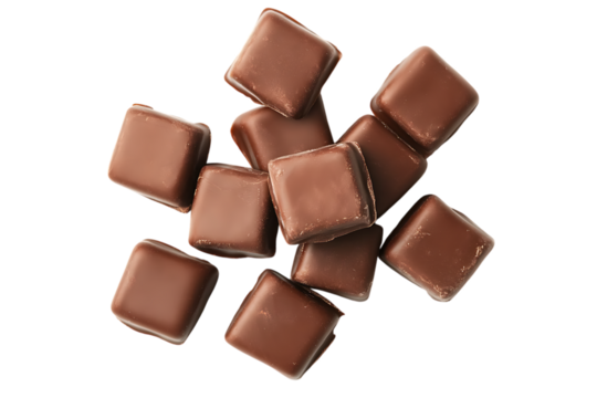 Pile of chocolate cubes with glazed coating on a transparent background
