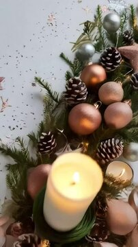 A beautifully arranged Christmas centerpiece featuring a mix of greenery, pinecones, and ornaments in soft rose gold tones. The scene is enhanced with warm candlelight, creating a cozy and festive hol