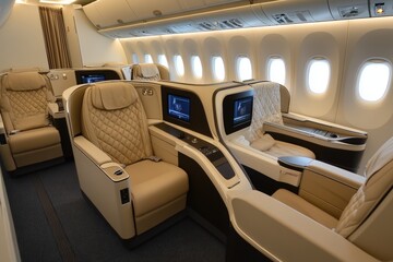 Business class cabin featuring luxurious leather seating and premium entertainment systems aboard international flight. Exclusive travel accommodations. Executive comfort during long journey.