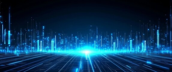 Digital Cityscape with Glowing Lines and Structures