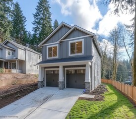 Modern two-story home with gray siding, double garage, and manicured lawn, situated on a gently sloping lot amongst trees.  Features large windows and a covered entryway