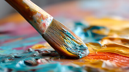 Fototapeta premium Artist Paintbrush with Vibrant Colors on Palette Close Up Painting Still Life Concept