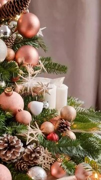 A beautifully arranged Christmas centerpiece featuring a mix of greenery, pinecones, and ornaments in soft rose gold tones. The scene is enhanced with warm candlelight, creating a cozy and festive hol