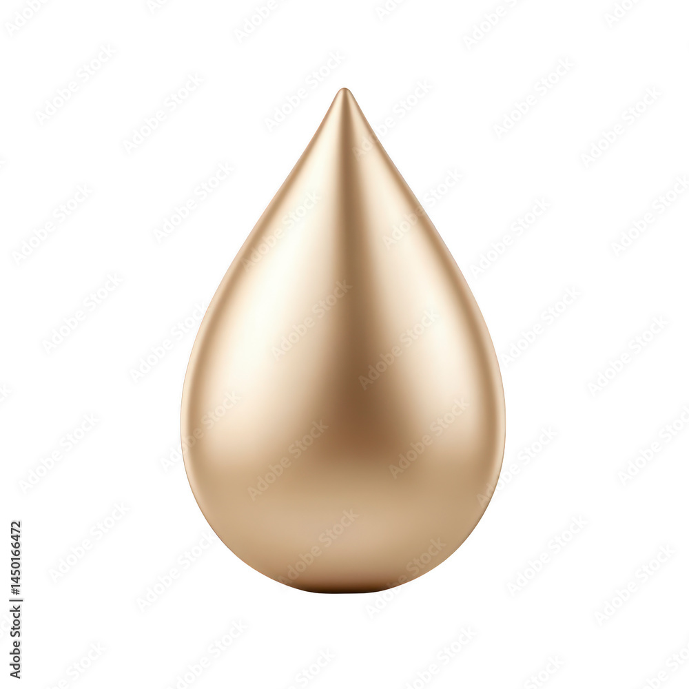 Poster shiny golden droplet with smooth surface and reflective finish, resembling teardrop shape, isolated 