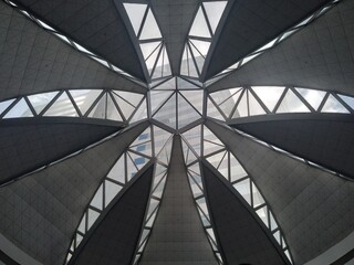 Interior lobby of the Torre de las Américas building in Panama City, with a star-shaped roof structure