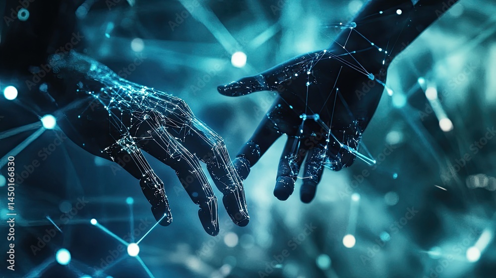 Aufkleber digital synergy: two robotic hands reaching out in a network of connections