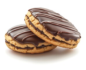 Two oval cookies with chocolate glaze, isolated on a white background