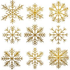 Golden snowflakes with intricate designs are arranged in grid pattern, showcasing variety of symmetrical shapes. metallic sheen adds elegance and festive feel