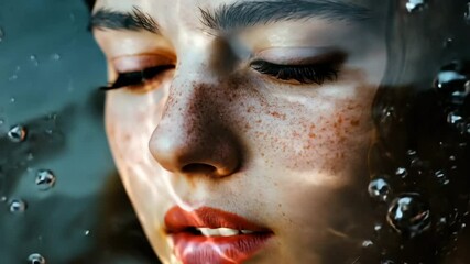 Young model with freckles opening eyes underwater. Water drops and bubbles create dreamy and surreal atmosphere. young caucasian female with dark eyebrows looking through a wet glass surface. - Powered by Adobe