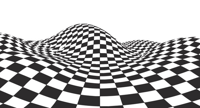 A black and white optical illusion image of a rippling checkerboard pattern creating a three-dimensional wave effect. vector illustration