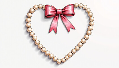 Obraz premium Delicate Pearl Heart Arrangement with Pink Ribbon Design on White Background 