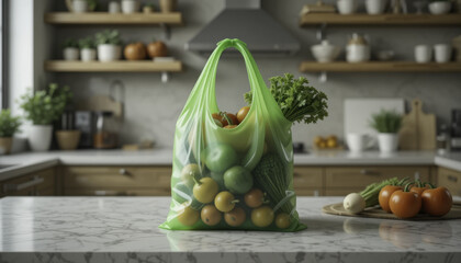 reusable green shopping bag filled with fresh fruits and vegetables sits on marble kitchen counter, surrounded by modern kitchen setting with wooden cabinets and potted plants