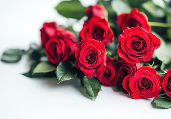 Obraz premium Beautiful Red Roses Arranged Elegantly on a White Surface with Green Leaves Highlighting Their Soft Petals and Vibrant Color, Perfect for Floral Themes
