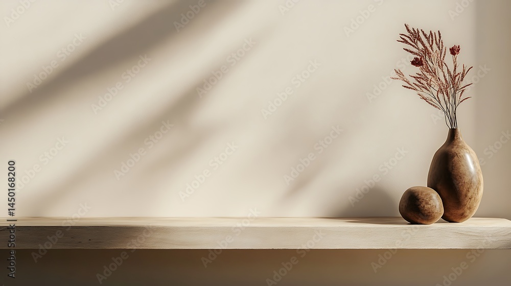 Poster a sleek minimalist floating shelf with copy space on the right, set against a plain warm beige backg