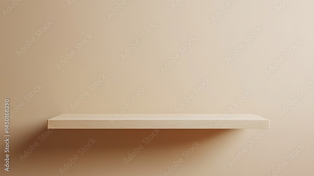 Poster a sleek minimalist floating shelf with copy space on the right, set against a plain warm beige backg