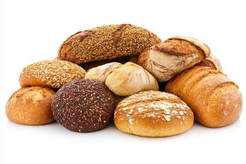 Assorted freshly baked bread rolls piled together on a white background showcasing variety