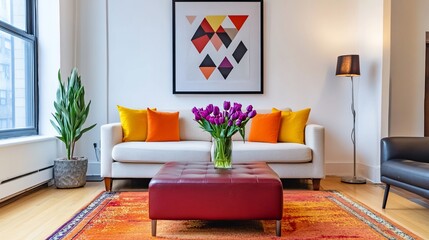 Modern living room interior with vibrant colors and art.