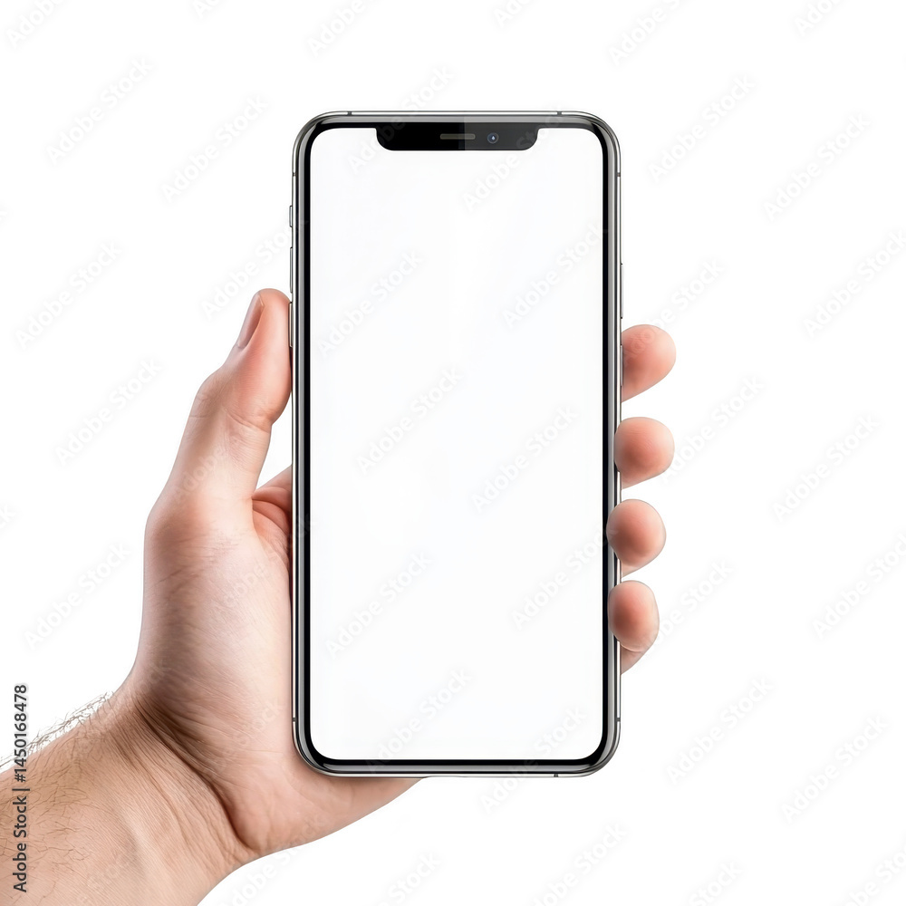 Poster hand holding modern smartphone with blank white screen, isolated on transparency background. image f