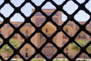 A building with a blue and white roof