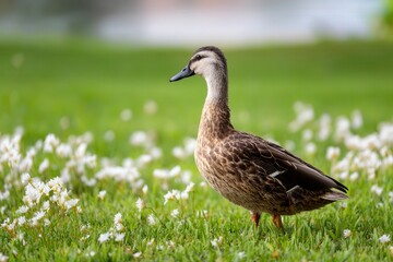 Duck strolling through a meadow with small white flowers on a sunny day.