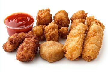 Assorted fried chicken pieces served with a side of ketchup on a clean white background