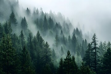 Misty Mountain Forest Scene Evergreen Trees Nature Landscape