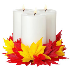 Three white candles surrounded by vibrant red and yellow autumn leaves create warm and cozy atmosphere, perfect for seasonal decoration or festive centerpiece