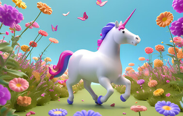 The image displays a cute cartoon unicorn with a rainbow-colored mane and tail