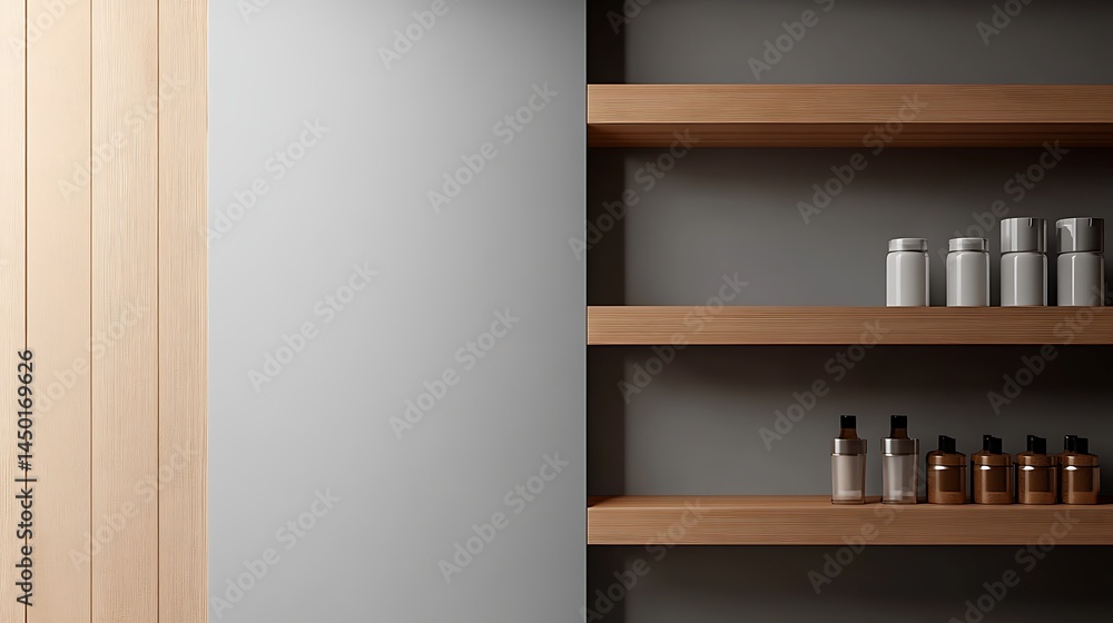 Poster modern storage shelf on the right with ample space for branding on the left and a warm grey backgrou