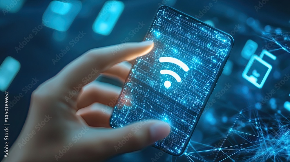 Poster hand interacting with mobile phone displaying wifi symbol and network connectivity