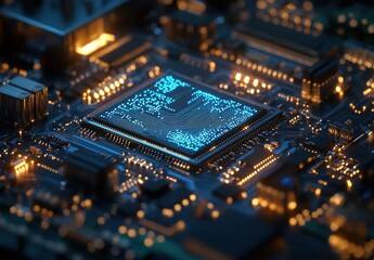 A close-up of a circuit board with a glowing microchip and electronic components.