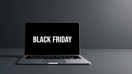 Black friday laptop screen presenting sale banner against dark gray studio backdrop, highlighting digital marketing, online shopping, and seasonal promotional offers