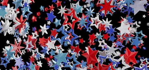 Red, white, and blue stars burst on black background. Perfect for Independence Day.