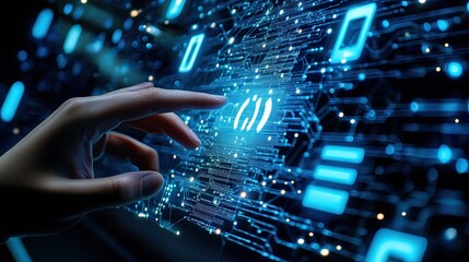 Futuristic interface interaction: hand navigating glowing digital network